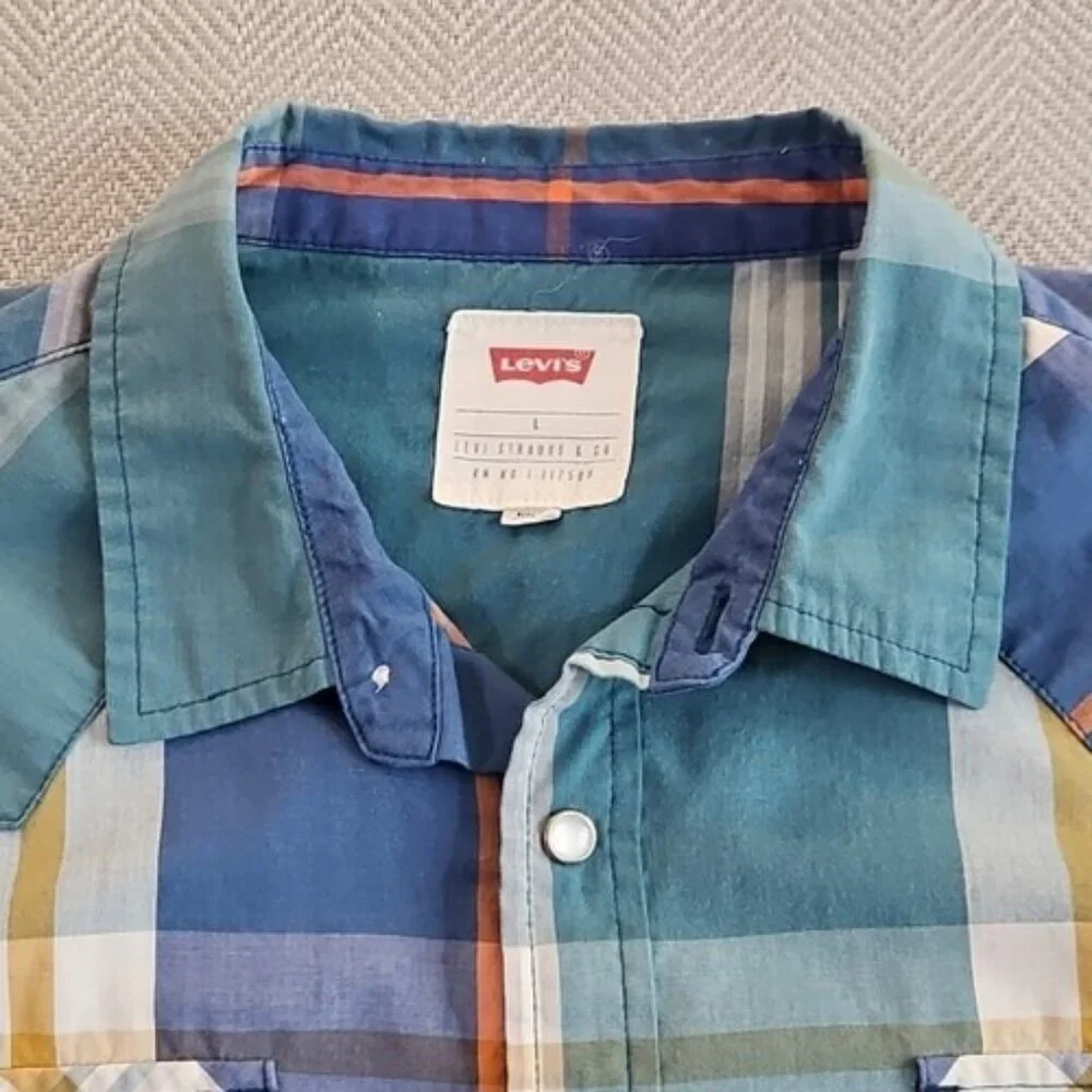 Levi's Western Pearl Snap Shirt Men's Large Green Blue Long‎ Sleeve EUC Cowboy